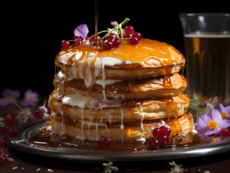 Pancakes with red currant and honey on a dark backgroundの素材