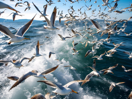 Seagulls flying over the sea. beautiful seascapeの素材