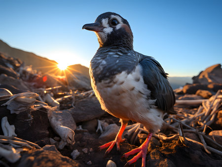 Pigeon on the beach at sunset, Galapagos Islands, Ecuadorの素材