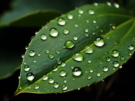 Water drops on a green leaf. Shallow depth of field.の素材