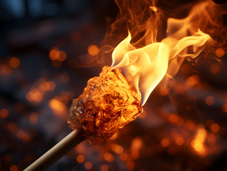 Burning incense stick on the background of the fire, close-upの素材