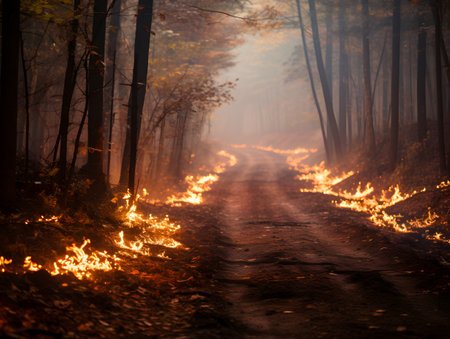 Forest fire. The path through the forest is burning.の素材