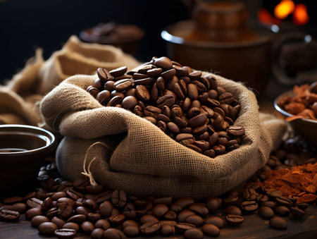 Coffee beans in a bag and coffee beans in a cupの素材