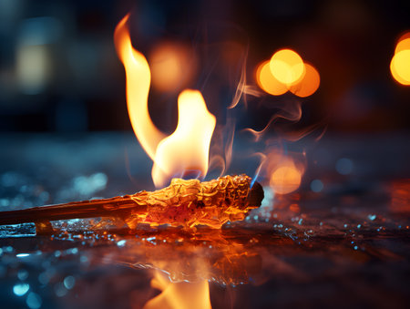 Burning matchstick on a dark background. Close up.の素材