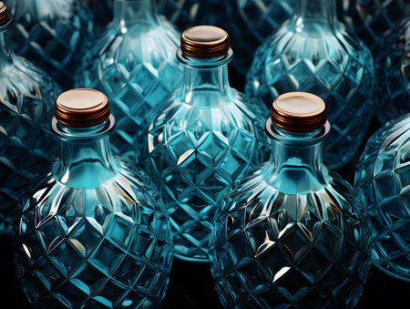 close up of a group of blue crystal bottles on a black backgroundの素材