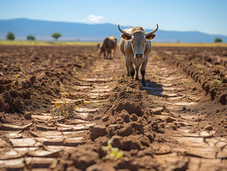 Cows graze on the field in the countryside of Kenya.の素材