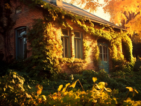 Old house in the autumn forest with yellow leaves and ivy.の素材