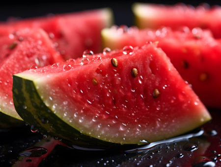 Watermelon slices with drops of water on black background, closeupの素材