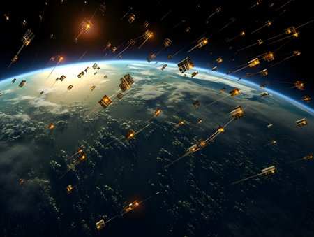 Satellite flying over planet Earth.の素材