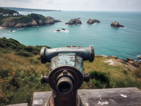 Binoculars on a viewing platform overlooking the oceanの素材