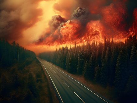 Fiery explosion over the highway in the forest.の素材