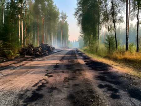 Pine forest in the morning mist. Summer landscape with forest roadの素材