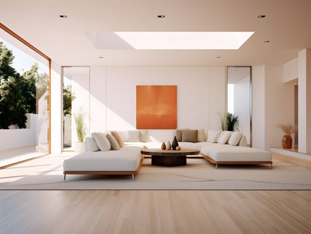 Interior of modern living room with white walls, wooden floor, white sofa and coffee table.の素材