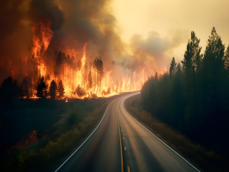 Burning forest and road at sunset. Fire in the forest.の素材