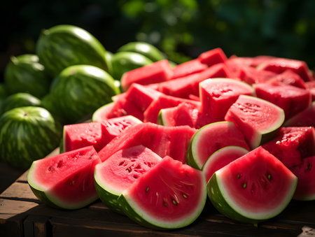 Sliced watermelon on wooden table in garden, stock photoの素材