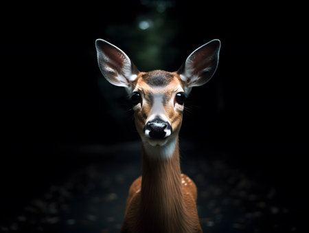 Close-up portrait of a young male deer on a dark backgroundの素材
