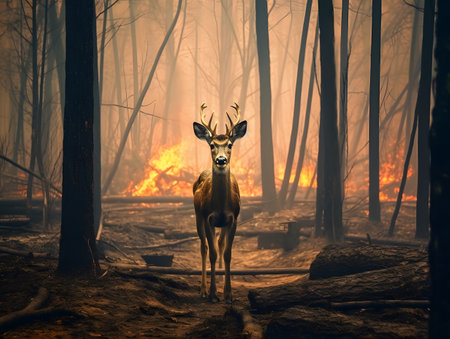 White-tailed deer in the forest during the fire. selective-focusの素材