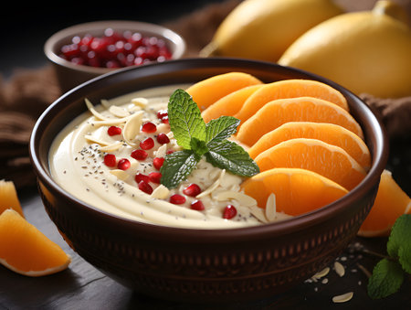 Bowl of tasty cream soup with fruit on table, closeupの素材