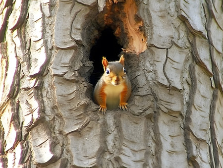 Squirrel in the hollow of a tree looking out of the holeの素材