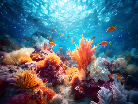 Underwater view of a tropical coral reef with fish and sunlight.の素材