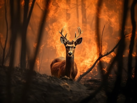 Deer in the forest during the fire. Selective focus.の素材