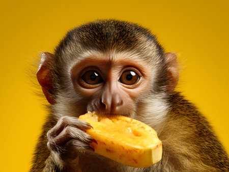 Portrait of a cute monkey eating a slice of pineapple on a yellow backgroundの素材
