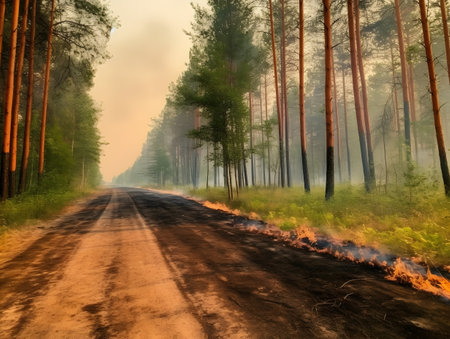 Country road in the pine forest in a foggy morning at sunriseの素材