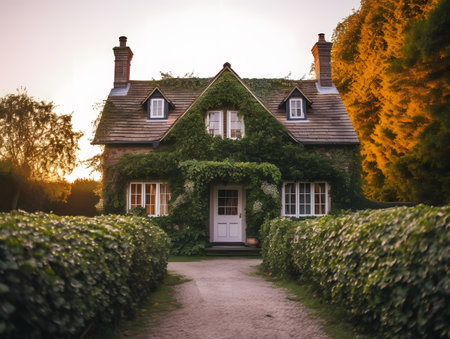 Beautiful house in the garden at sunset. Vintage style toned pictureの素材