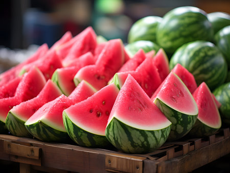 Slices of watermelon in the market. Close up.の素材