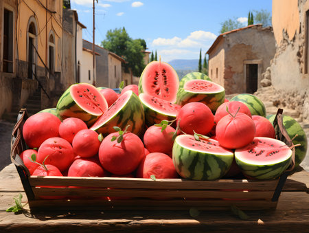 Watermelons in a basket on a wooden table in the villageの素材