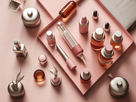 Cosmetic branding, glamor lip gloss and make-up products set on pink background, flat lay.の素材