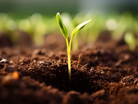 Young green seedling illustrating concept of new life and begin to growの素材