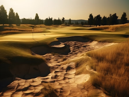 Golf course with sand and sand dunes in the evening.の素材