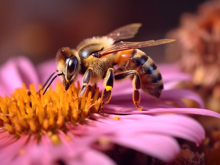 Honeybee on a pink flower. Macro. Shallow depth of field.の素材