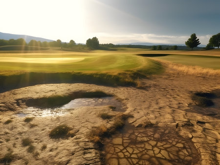 Sunset on a dry golf courseの素材