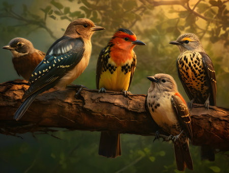 A group of colorful birds sitting on a tree branch at sunset.の素材