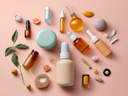 Flat lay composition with cosmetic products on color background, top viewの素材