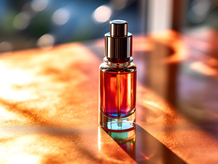 Perfume bottle on a table in a cafe.の素材
