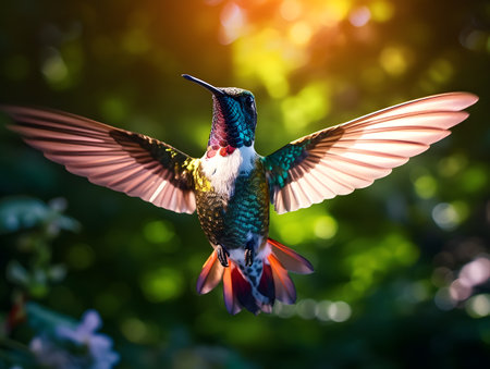 Beautiful hummingbird in flight with outstretched wings. Wildlife scene from tropic jungle. Hummingbird in flight with outstretched wings. Wildlife scene from tropic jungle.の素材