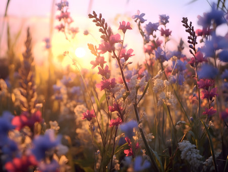 Beautiful flowers in the meadow at sunset. Nature background.の素材