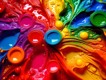 abstract background of colorful oil paint splashes on water close upの素材