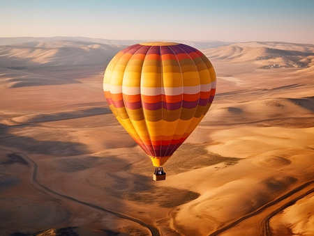 Colorful hot air balloon flying over the Sahara desert, Morocco.の素材