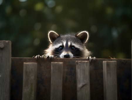 Portrait of a raccoon sitting on a wooden fence in the gardenの素材