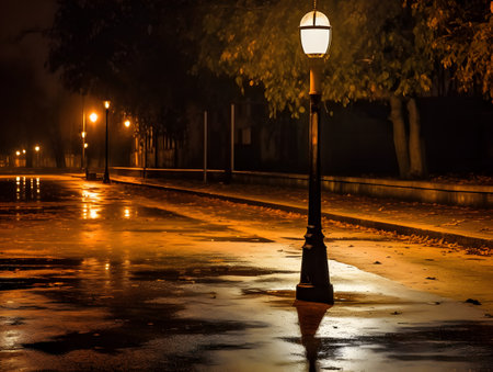 Street lamp on a wet road at night. Selective focus.の素材