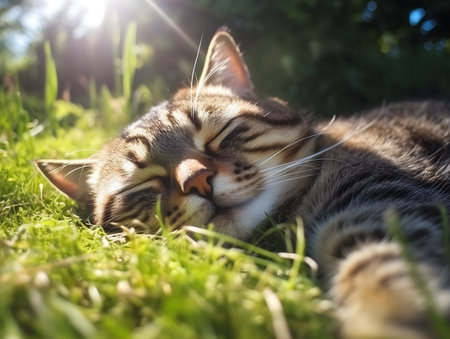 Cute tabby cat sleeping on the grass in the sun.の素材