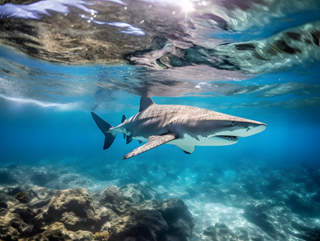 A Caribbean reef shark in crystal clear waterの素材