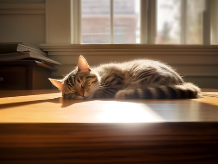 Cute tabby cat sleeping on the table in the morning lightの素材