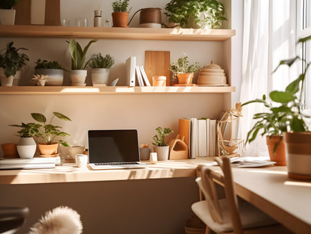 Stylish workplace with laptop and houseplants on table in roomの素材