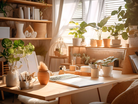 Stylish workplace at home. Stylish interior design with wooden table and plantsの素材