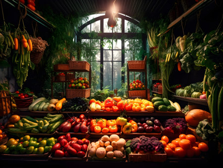 Fruits and vegetables on the counter of the store in the eveningの素材